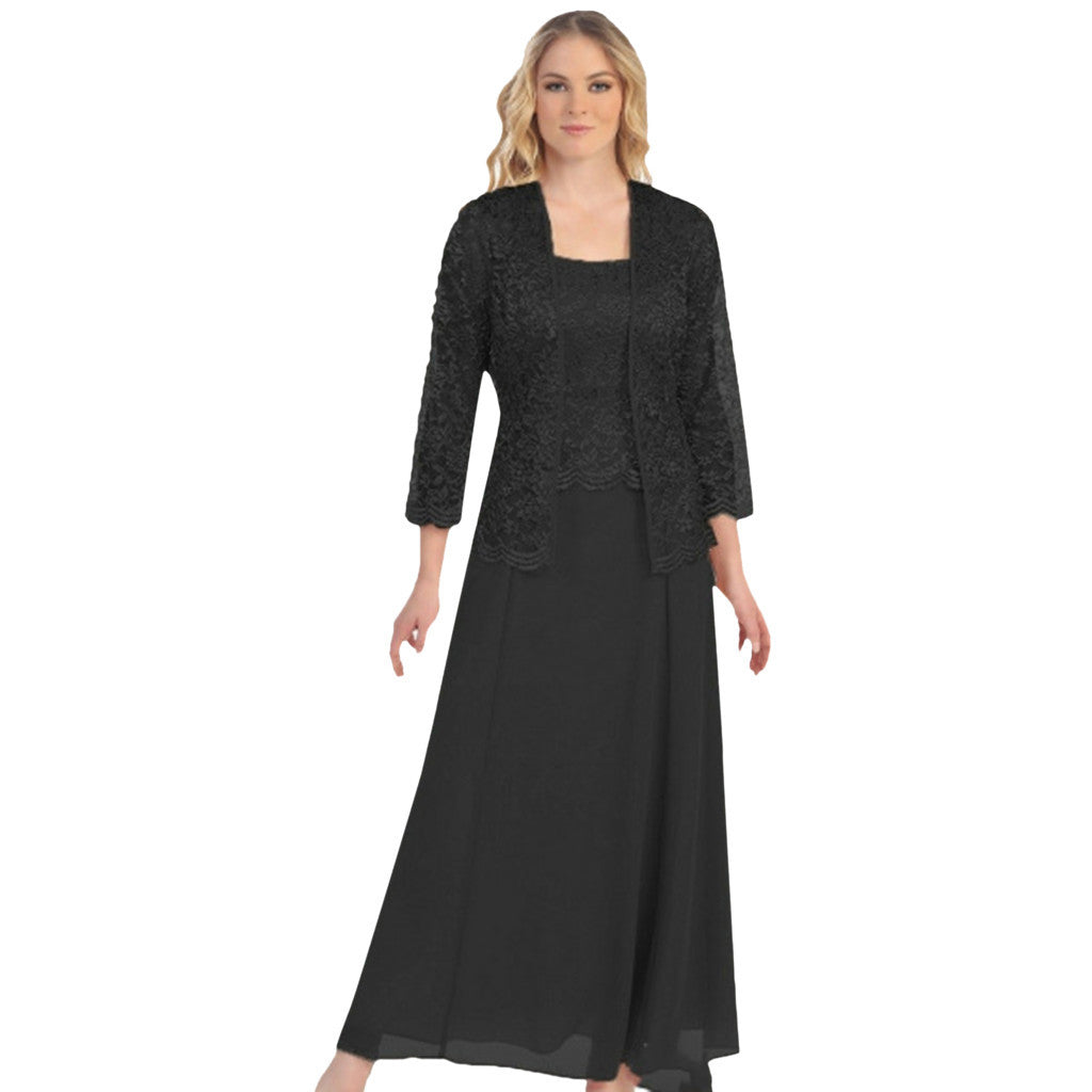 Amazon AliExpress Moda Europejski i amerykański styl Dwuczęściowy koronkowy kardigan Szyfonowa sukienka maxi Plus Size Odzież damska 9957