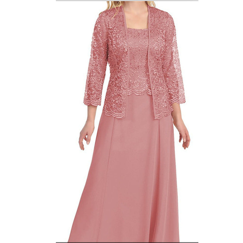 Amazon AliExpress Moda Europejski i amerykański styl Dwuczęściowy koronkowy kardigan Szyfonowa sukienka maxi Plus Size Odzież damska 9957