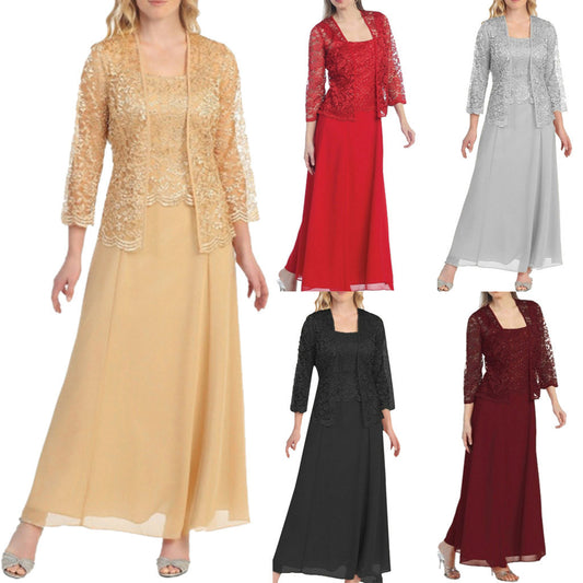 Amazon AliExpress Fashion European and American Style Two-Piece Lace Cardigan Chiffon Maxi Dress plus Size Women's Clothing 9957