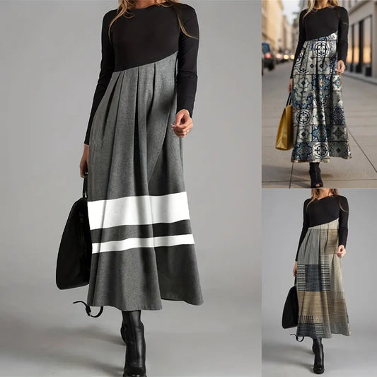 【S-2XL】2023 Nowy styl Splice Printed Round Neck Dress