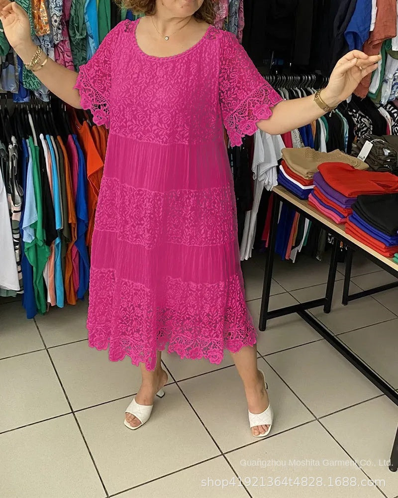 [XXS-5XL] Nowa sukienka koronkowa z krótkimi rękawami i okrągłym dekoltem 