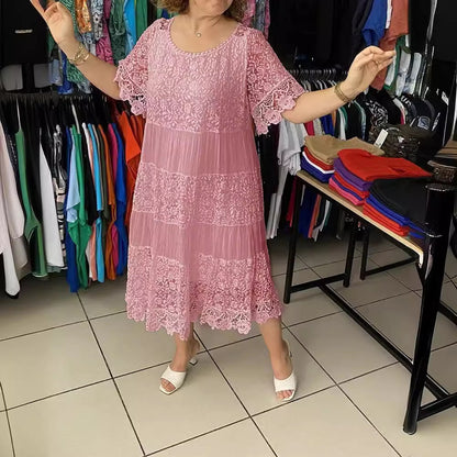 [XXS-5XL] Nowa sukienka koronkowa z krótkimi rękawami i okrągłym dekoltem 