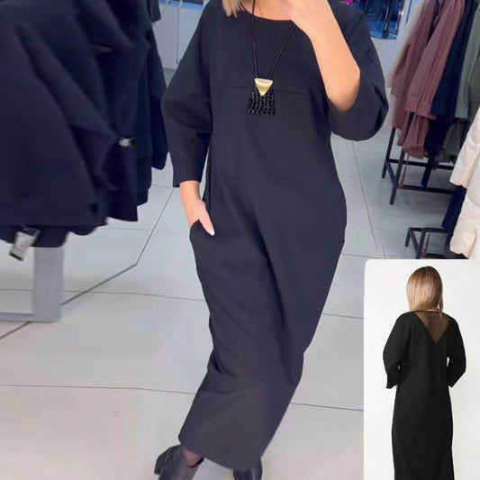 2024 nowa retro moda sukienka z długim rękawem i kieszeniami 