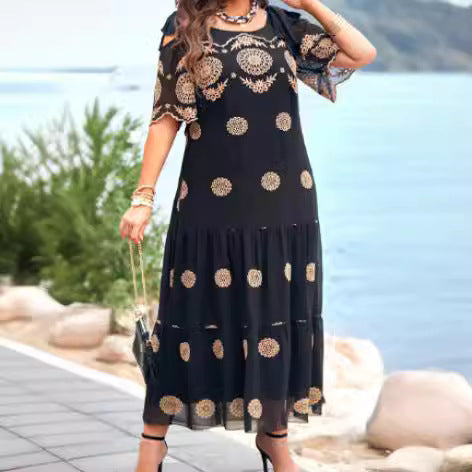 Amazon Cross-Border Summer Fashion New Middle-Aged Mom Hollow Dress Short Sleeve Loose over-the-Knee Printed Dress