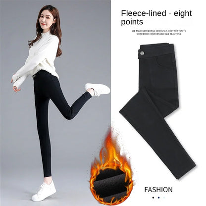 Fleece-lined Thick Leggings Women's Outer Wear Autumn Winter Women's Pants High Waist Stretch Black Leggings Tight Large Size Feet Magic Pants