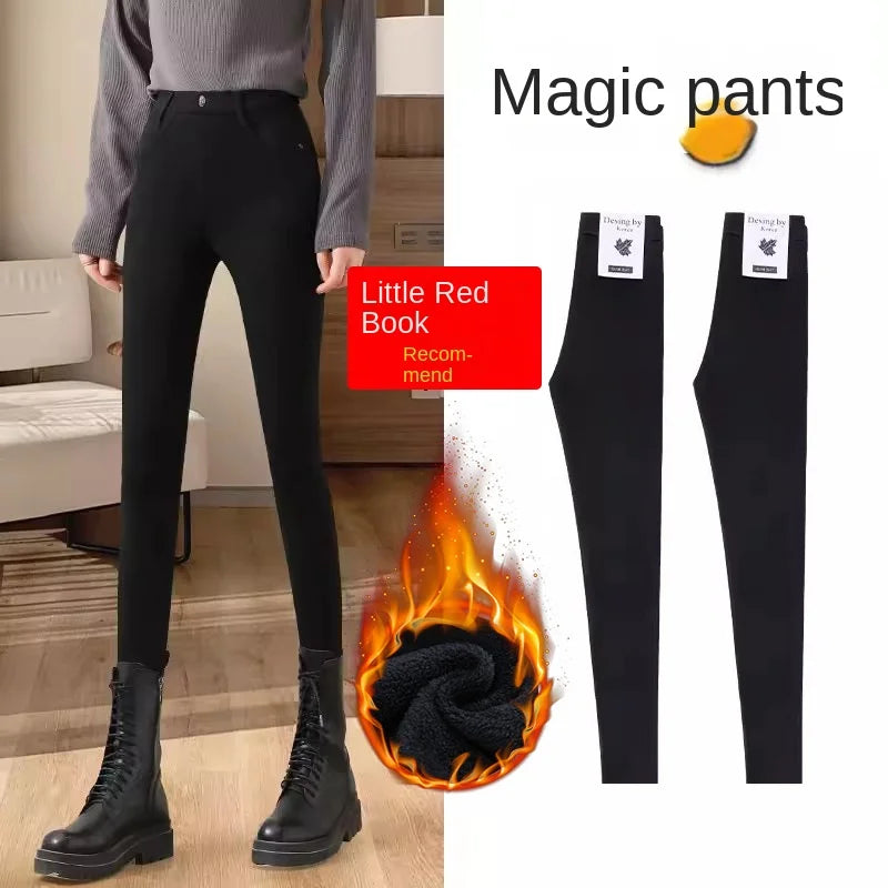 Fleece-lined Thick Leggings Women's Outer Wear Autumn Winter Women's Pants High Waist Stretch Black Leggings Tight Large Size Feet Magic Pants