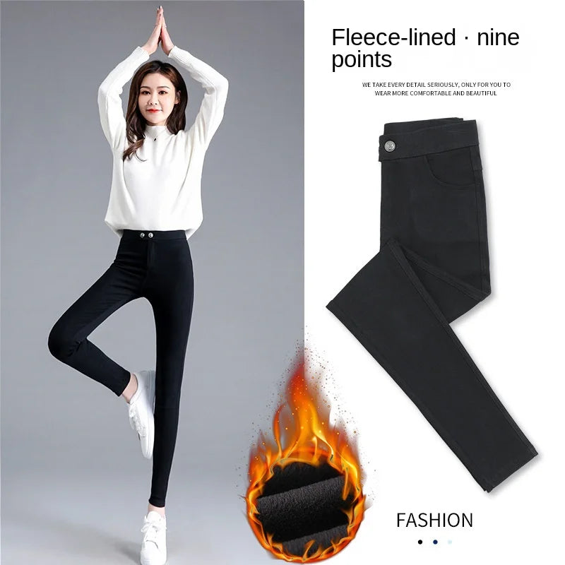 Fleece-lined Thick Leggings Women's Outer Wear Autumn Winter Women's Pants High Waist Stretch Black Leggings Tight Large Size Feet Magic Pants