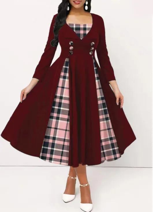 🔥oferta ograniczona czasowo🔥【S-5XL】♡2023 nowa dwuwarstwowa sukienka na jesień i zimę z kontrastowymi przeszyciami w kratkę 