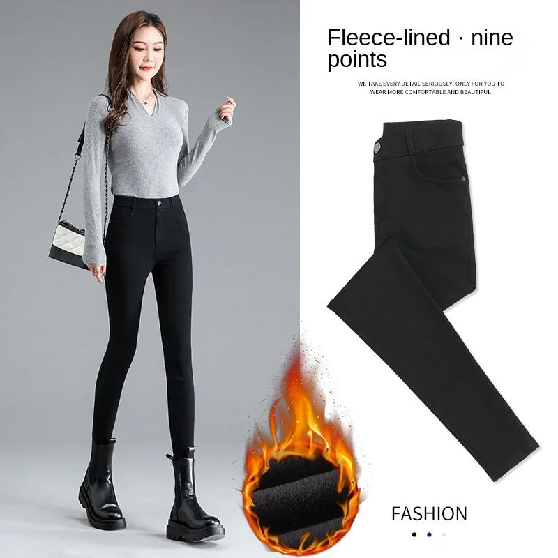 Fleece-lined Thick Leggings Women's Outer Wear Autumn Winter Women's Pants High Waist Stretch Black Leggings Tight Large Size Feet Magic Pants