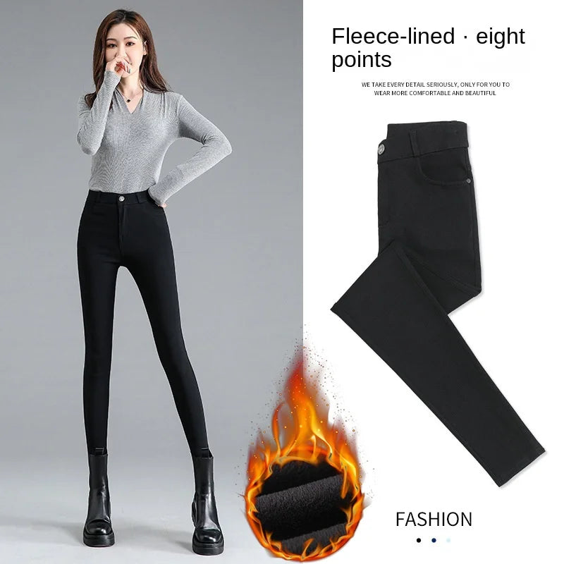 Fleece-lined Thick Leggings Women's Outer Wear Autumn Winter Women's Pants High Waist Stretch Black Leggings Tight Large Size Feet Magic Pants