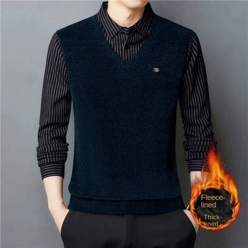 👔【M-4XL】Męski dwuczęściowy sweter z imitacji szenili z aksamitem i pogrubieniem, aby utrzymać ciepło 