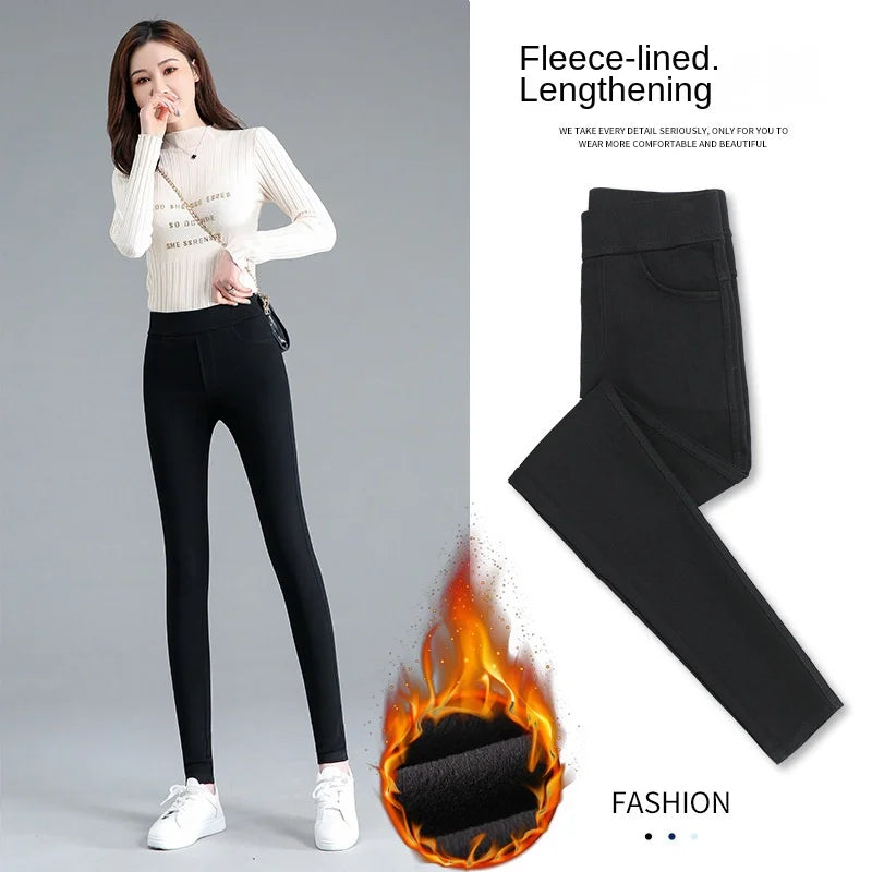 Fleece-lined Thick Leggings Women's Outer Wear Autumn Winter Women's Pants High Waist Stretch Black Leggings Tight Large Size Feet Magic Pants