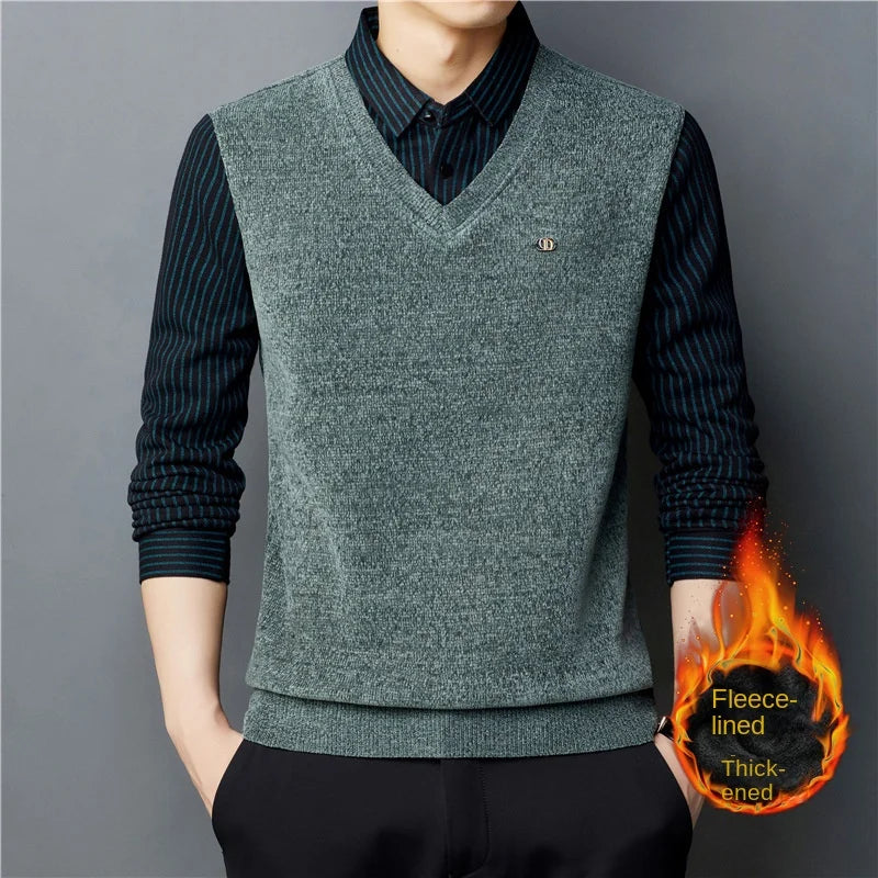 👔【M-4XL】Męski dwuczęściowy sweter z imitacji szenili z aksamitem i pogrubieniem, aby utrzymać ciepło 