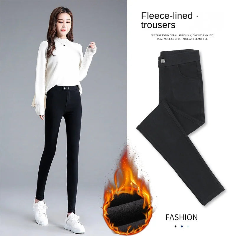 Fleece-lined Thick Leggings Women's Outer Wear Autumn Winter Women's Pants High Waist Stretch Black Leggings Tight Large Size Feet Magic Pants