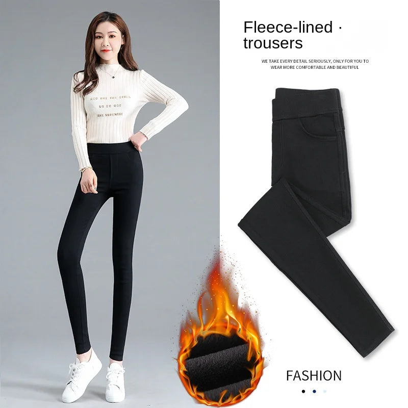 Fleece-lined Thick Leggings Women's Outer Wear Autumn Winter Women's Pants High Waist Stretch Black Leggings Tight Large Size Feet Magic Pants