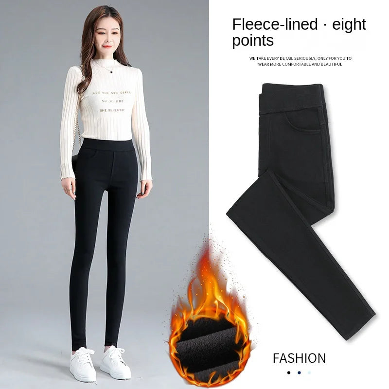 Fleece-lined Thick Leggings Women's Outer Wear Autumn Winter Women's Pants High Waist Stretch Black Leggings Tight Large Size Feet Magic Pants