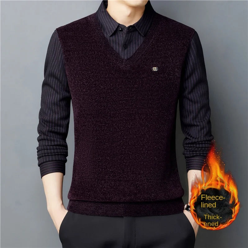 👔【M-4XL】Męski dwuczęściowy sweter z imitacji szenili z aksamitem i pogrubieniem, aby utrzymać ciepło 