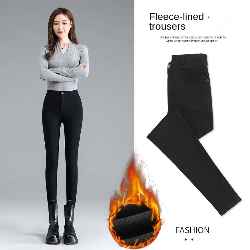 Fleece-lined Thick Leggings Women's Outer Wear Autumn Winter Women's Pants High Waist Stretch Black Leggings Tight Large Size Feet Magic Pants