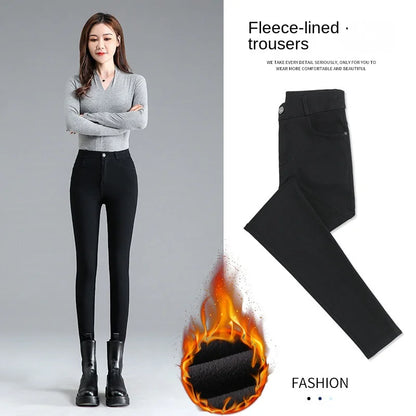 Fleece-lined Thick Leggings Women's Outer Wear Autumn Winter Women's Pants High Waist Stretch Black Leggings Tight Large Size Feet Magic Pants