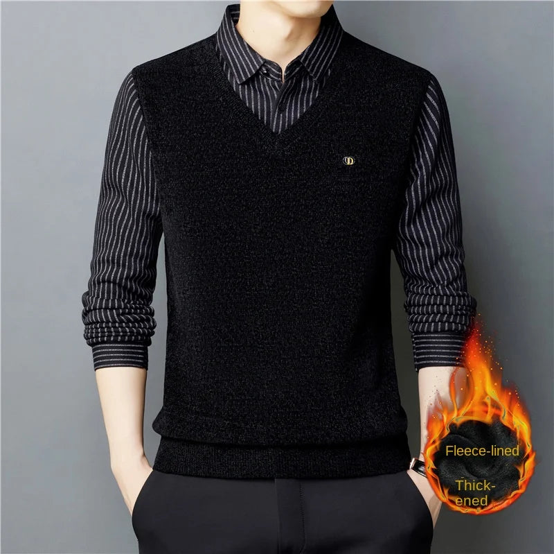 👔【M-4XL】Męski dwuczęściowy sweter z imitacji szenili z aksamitem i pogrubieniem, aby utrzymać ciepło 